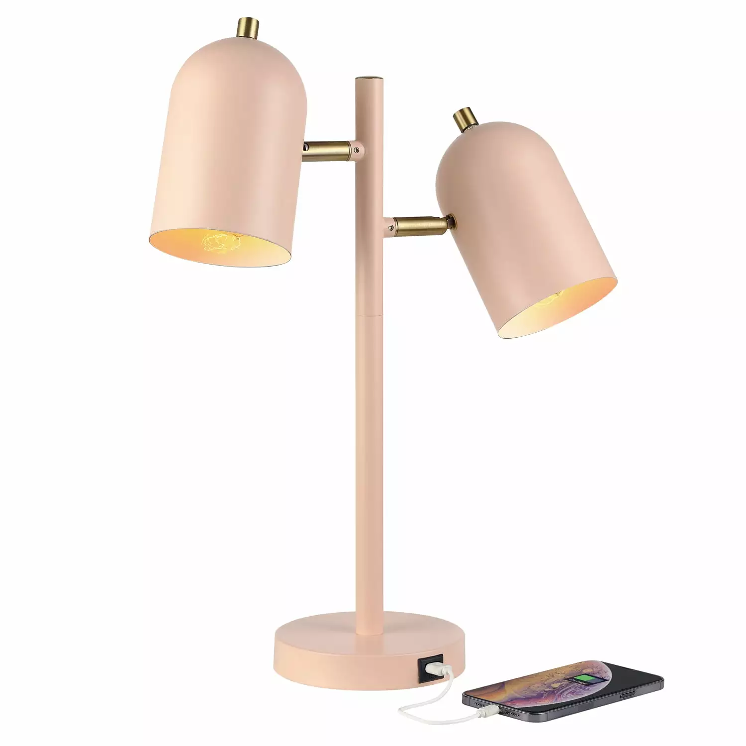 Globe Electric 18 2-Light Matte Pink Desk Lamp with Matte Brass Accents. 2.1A USB Port. 91000120